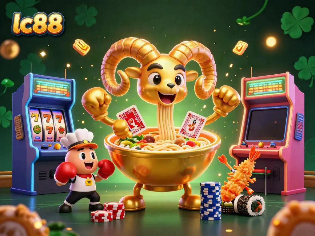lc88 showcases a vibrant casino scene featuring a giant ramen bowl dealer, surrounded by arcade elements and energetic characters.