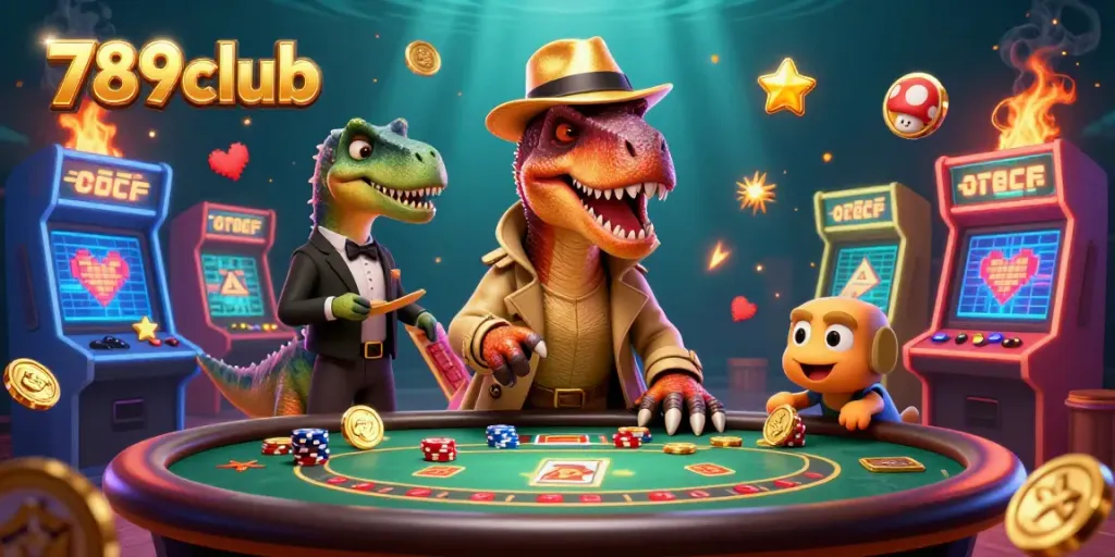 Experience thrilling gameplay at 789club with a dynamic scene of a velociraptor card counter at the blackjack table.