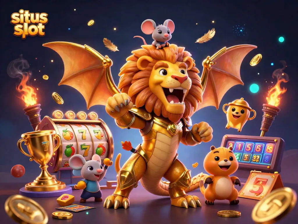 Slot gacor judi dengan karakter chimera dan mouse, elemen permainan, latar magis.